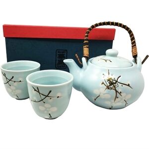 Japanese blue sky cherry blossom Sakura tea pot set pot and 2 cups